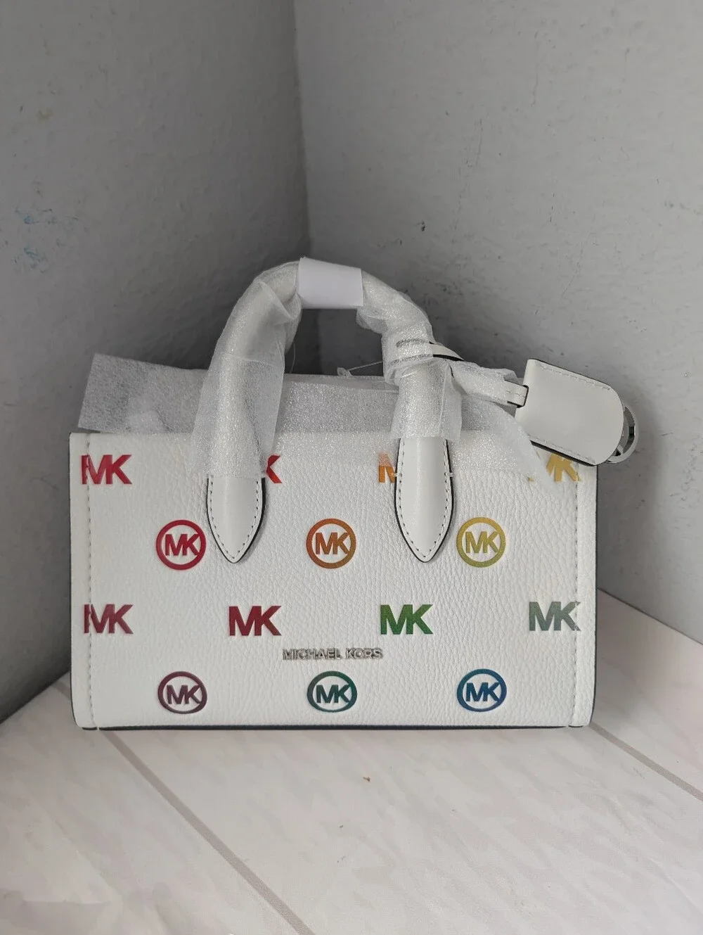 NWT Michael Kors Mirella Small Rainbow Logo Embossed Convertible Crossbody Bag